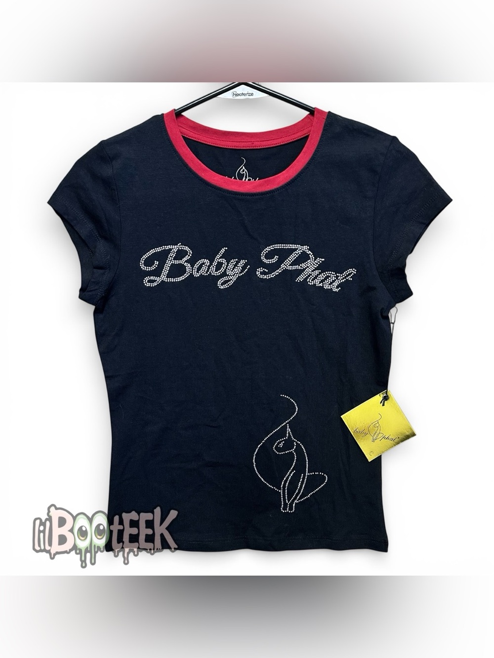 Ladies MD Baby Phat Black Rio Red Cap Sleeve Shirt with Rhinestone Logo NEW Y2K